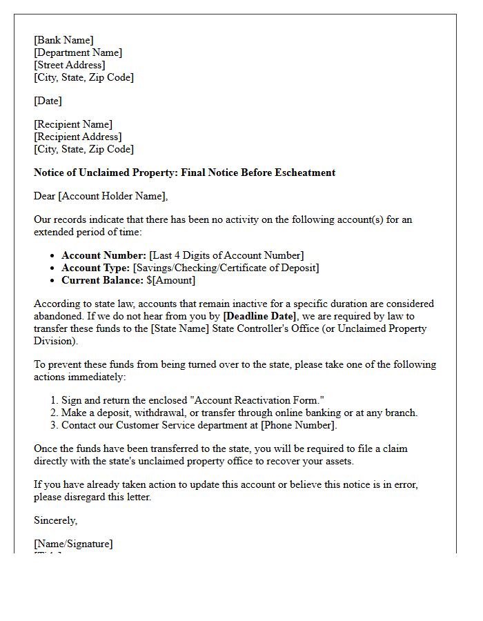 Unclaimed Banking Asset Escheatment Notification Letter