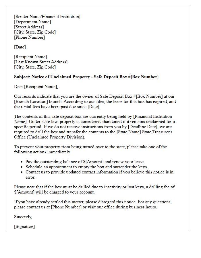 Unclaimed Safe Deposit Box Property Letter