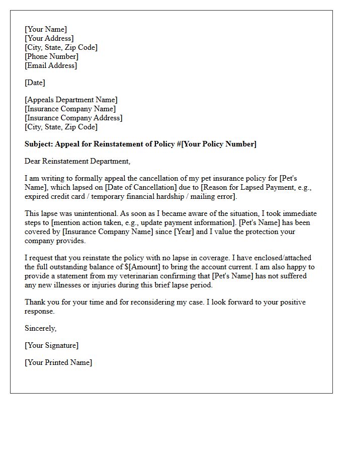 Lapsed Pet Insurance Reinstatement Appeal Letter