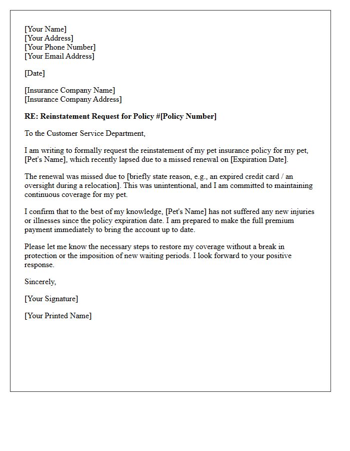 Missed Renewal Pet Insurance Reinstatement Letter