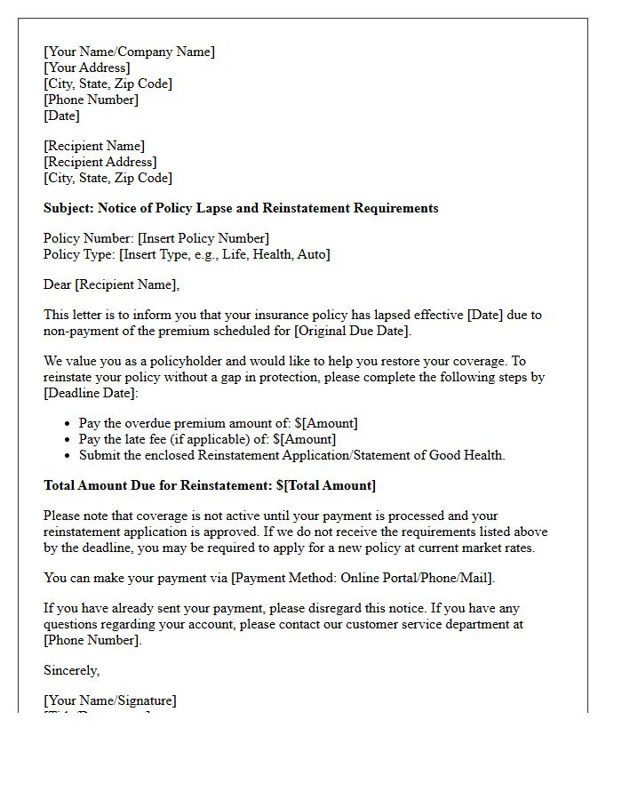 Overdue Premium Payment Reinstatement Letter