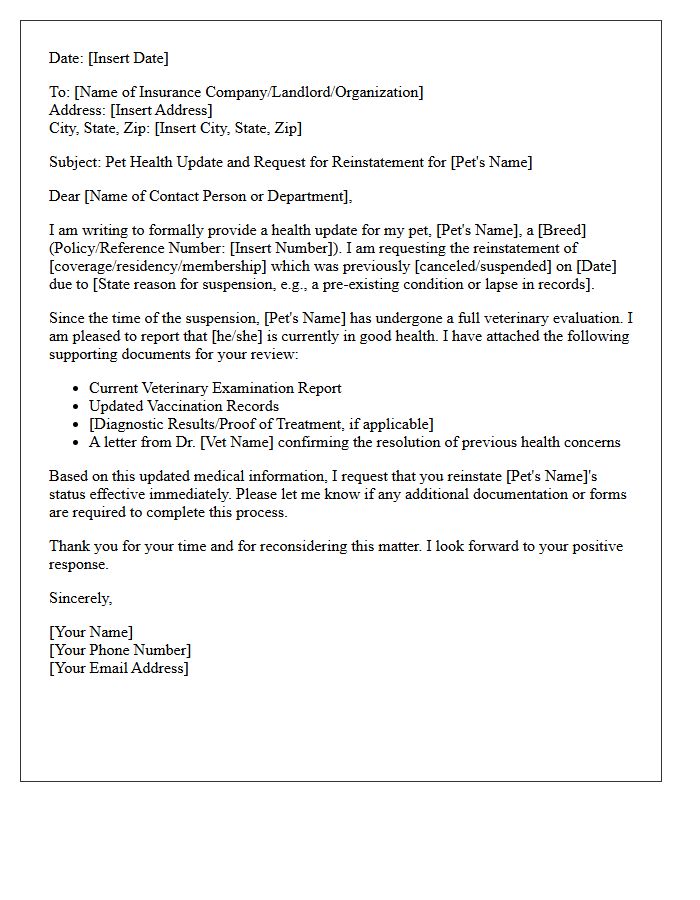 Pet Health Update and Reinstatement Letter