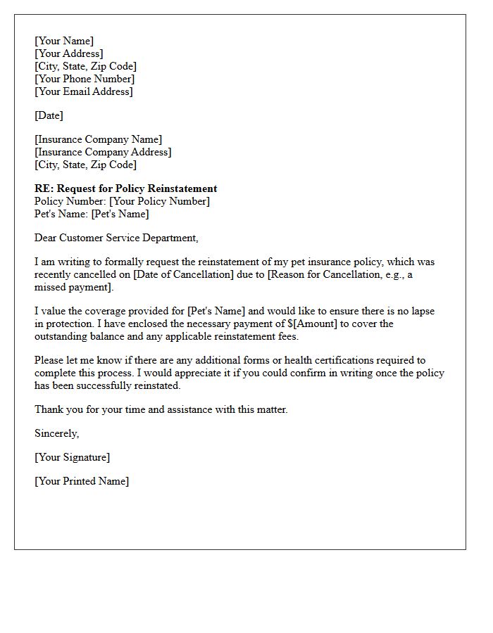 Pet Insurance Policy Reinstatement Request Letter