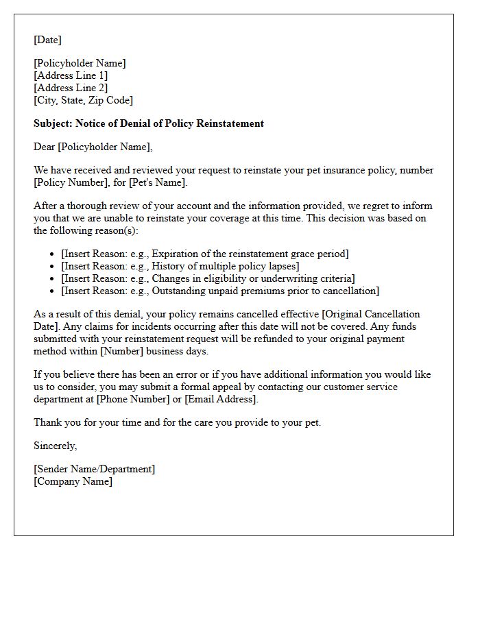 Pet Insurance Reinstatement Denial Notification Letter