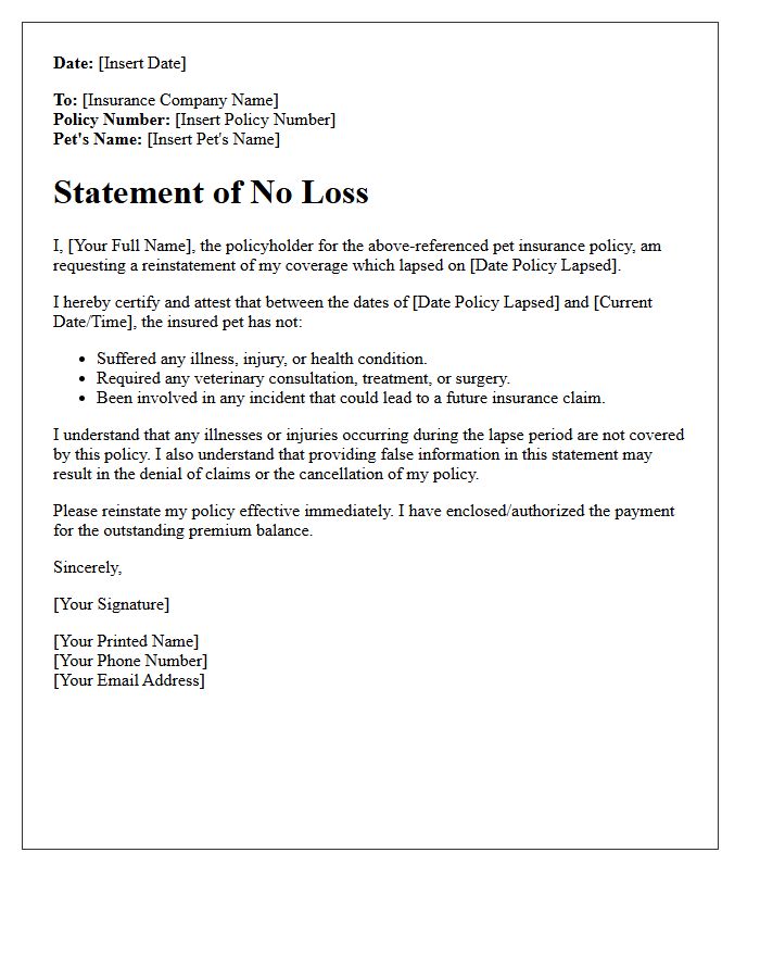 Statement of No Loss Pet Insurance Reinstatement Letter