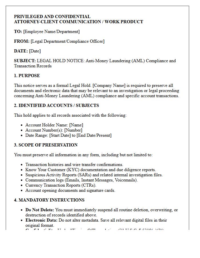 Anti-Money Laundering Compliance Legal Hold Letter for Account Transaction Records