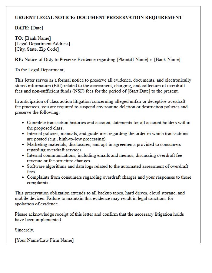 Document Preservation Letter for Consumer Class Action Lawsuit Involving Overdraft Fees
