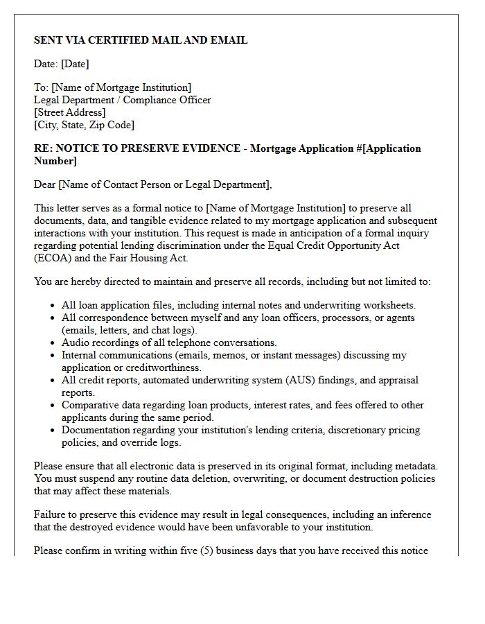 Evidence Preservation Letter for Mortgage Lending Discrimination Inquiry