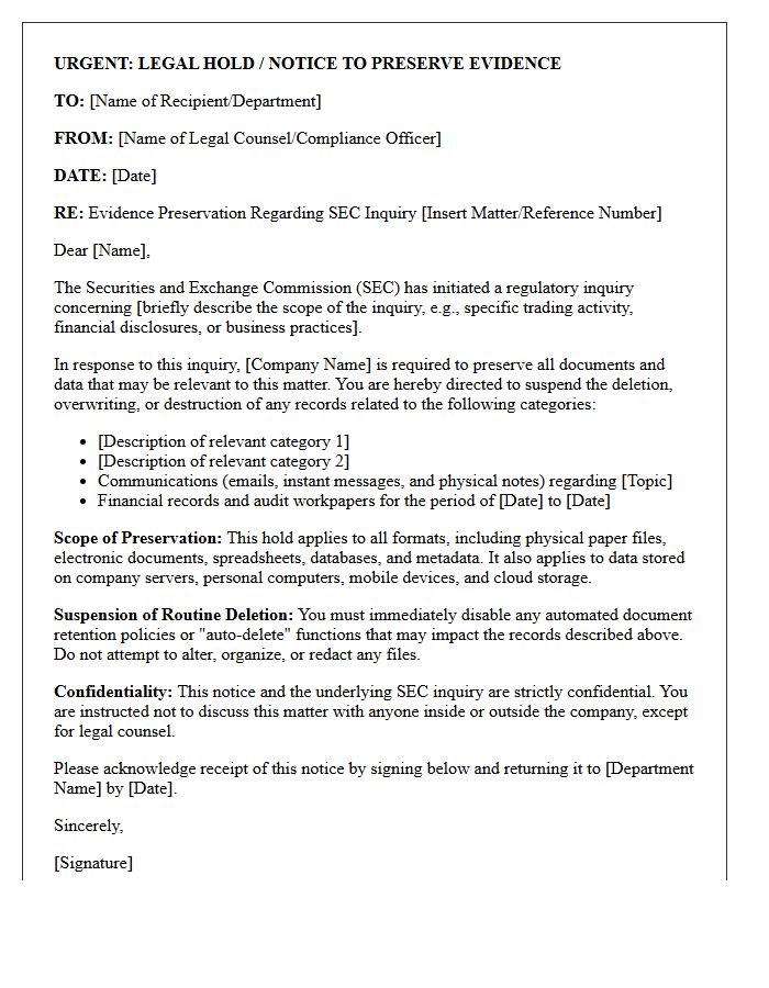 Evidence Preservation Letter Regarding Regulatory Inquiry by the Securities and Exchange Commission