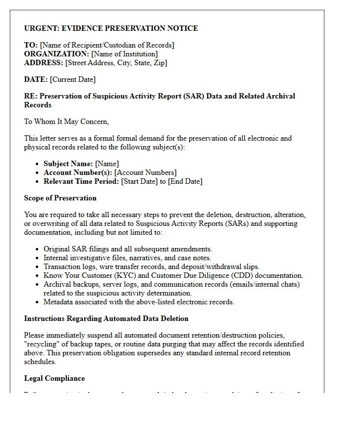 Evidence Preservation Notice Letter for Suspicious Activity Report Archival Data