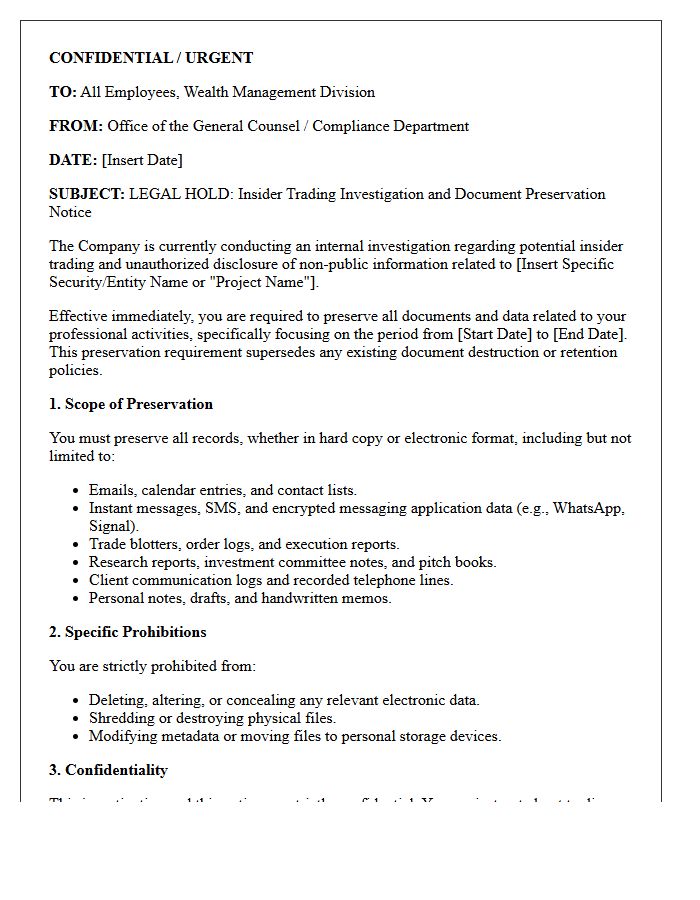 Insider Trading Investigation Document Preservation Letter for Wealth Management Division
