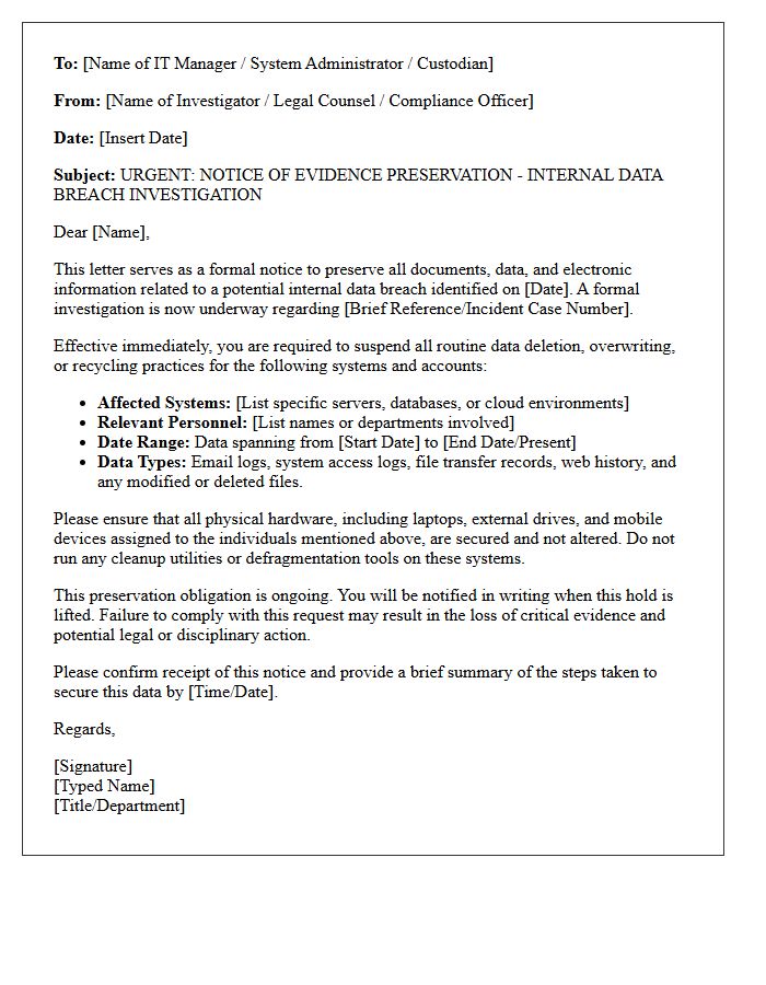 Internal Data Breach Investigation Evidence Preservation Letter
