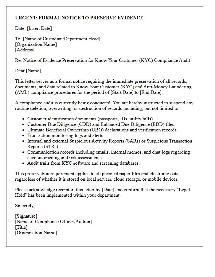 Know Your Customer Compliance Audit Evidence Preservation Letter