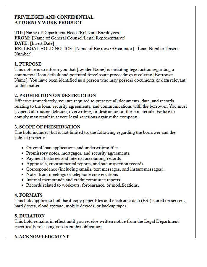 Legal Hold Letter for Commercial Loan Default and Foreclosure Proceedings