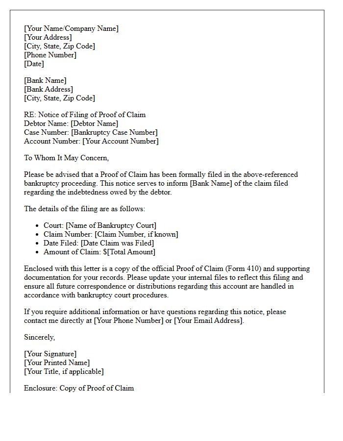 Bank Notification Letter Regarding Notice of Filing of Proof of Claim
