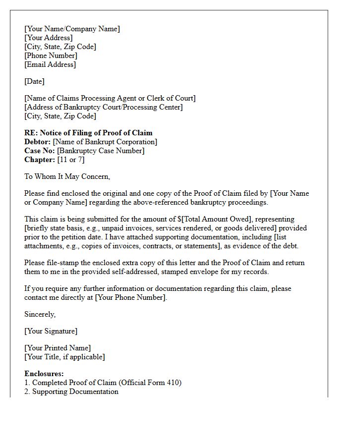 Cover Letter for Notice of Filing of Proof of Claim in Corporate Bankruptcy