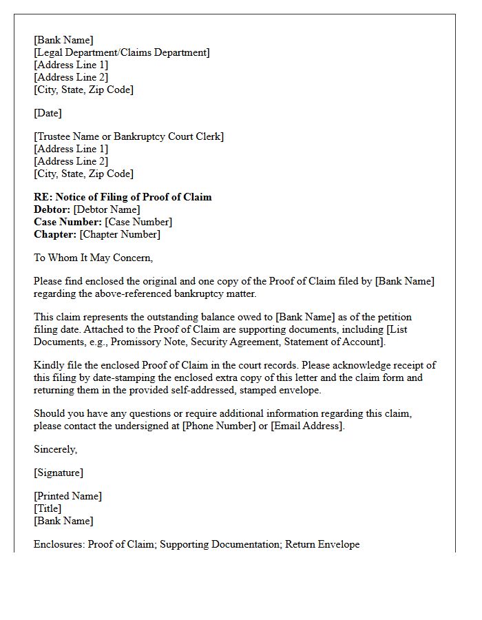 Creditor Bank Letter Accompanying Notice of Filing of Proof of Claim