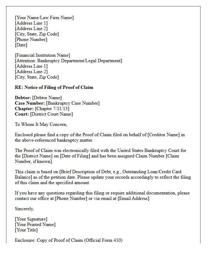 Financial Institution Letter Enclosing Notice of Filing of Proof of Claim
