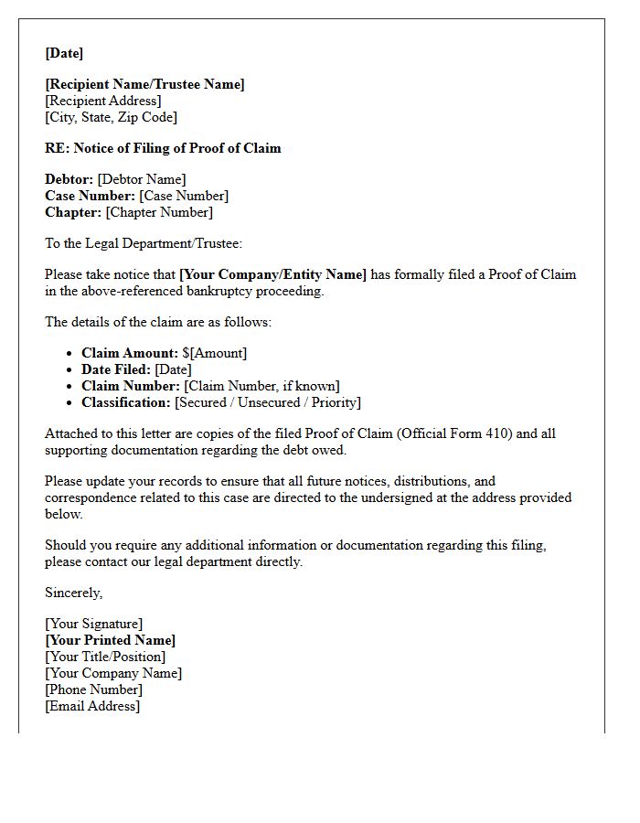 Legal Department Letter Executing Notice of Filing of Proof of Claim