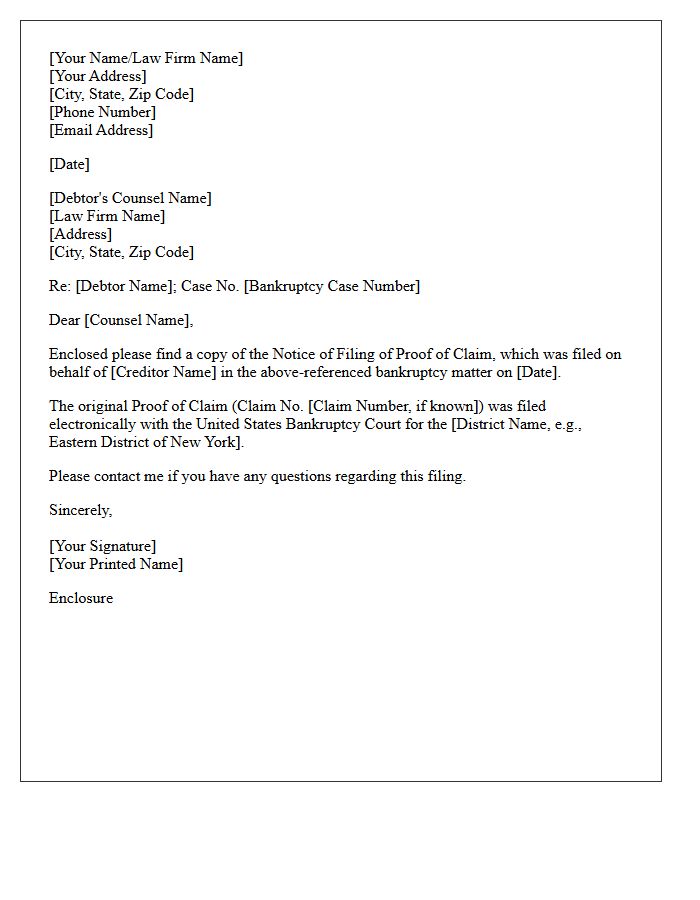 Letter of Service for Notice of Filing of Proof of Claim to Debtor Counsel