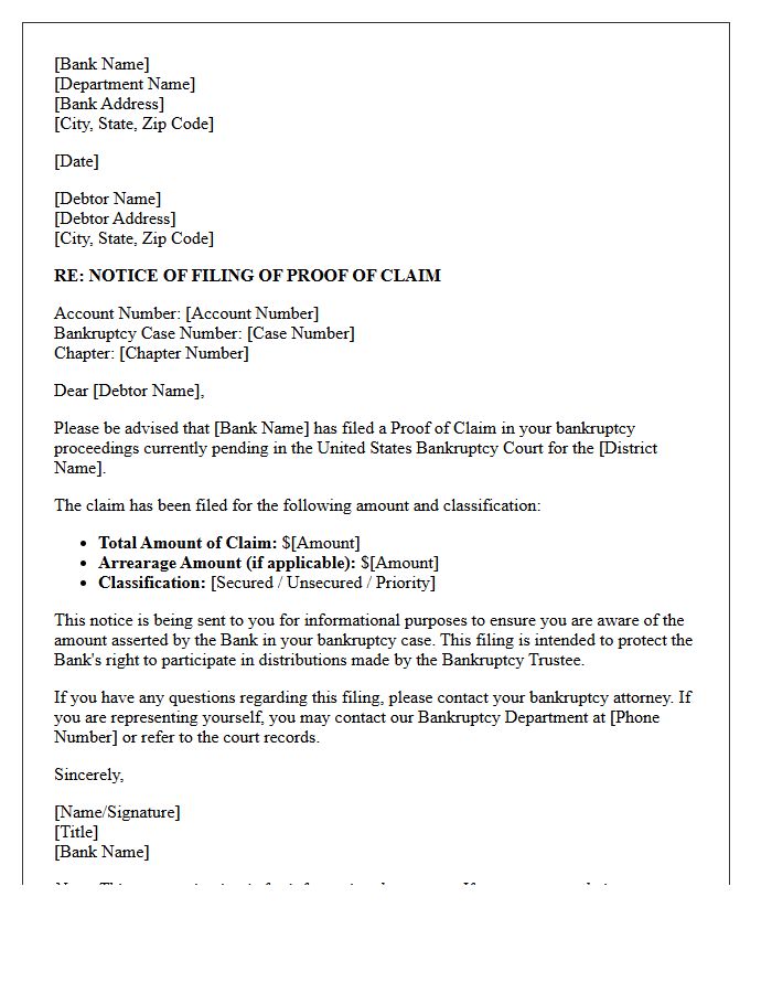 Retail Banking Letter Issuing Notice of Filing of Proof of Claim