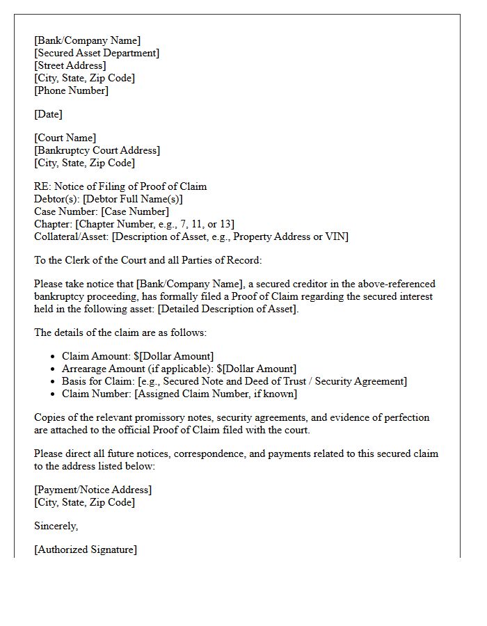 Secured Asset Department Letter for Notice of Filing of Proof of Claim