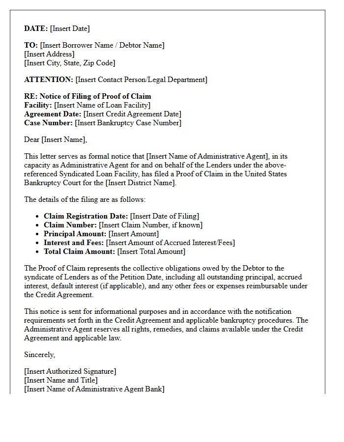 Syndicated Loan Letter for Notice of Filing of Proof of Claim Registration