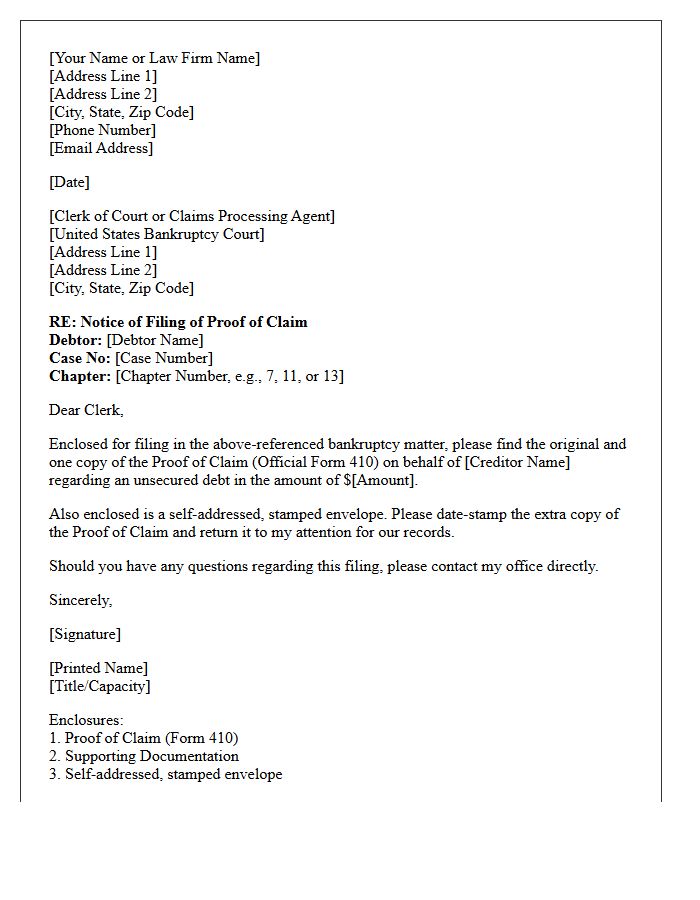 Transmittal Letter for Notice of Filing of Proof of Claim on Unsecured Debt