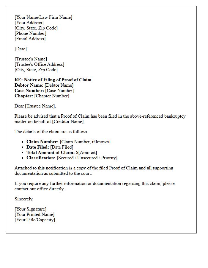 Trustee Notification Letter for Notice of Filing of Proof of Claim