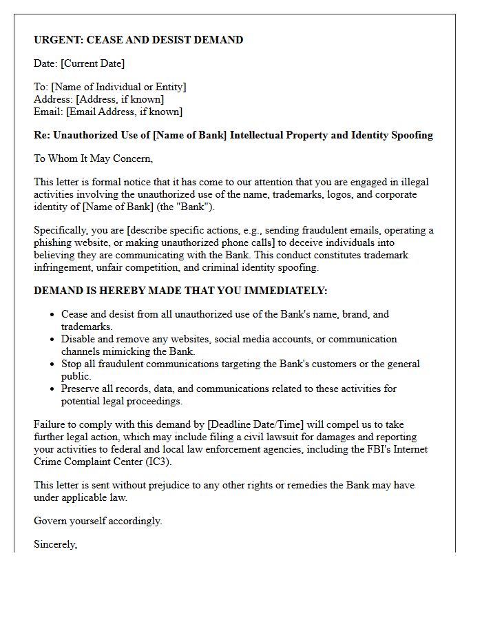 Cease and Desist Letter for Bank Identity Spoofing