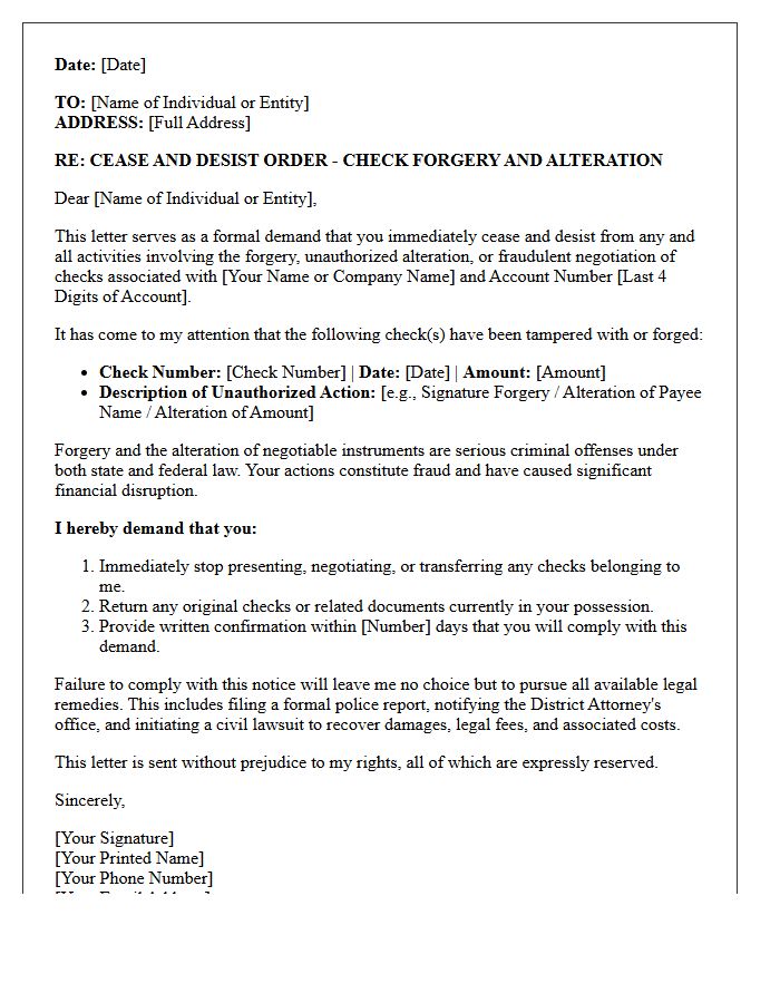 Cease and Desist Letter for Check Forgery and Alteration