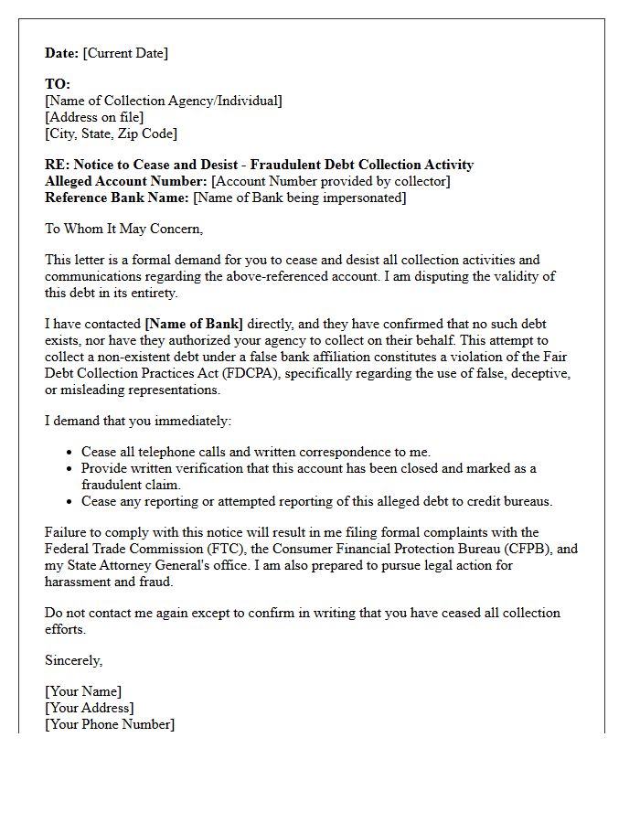 Cease and Desist Letter for Fake Debt Collection Under Bank Name