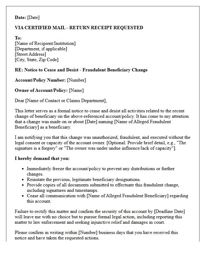 Cease and Desist Letter for Fraudulent Beneficiary Changes