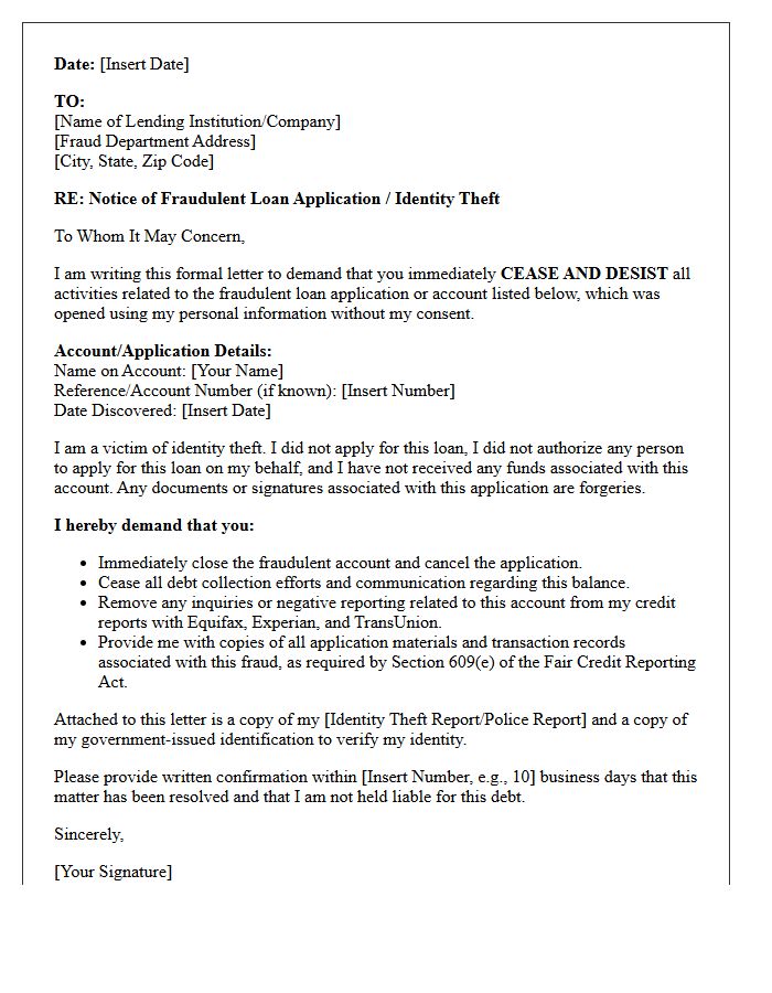 Cease and Desist Letter for Fraudulent Loan Applications