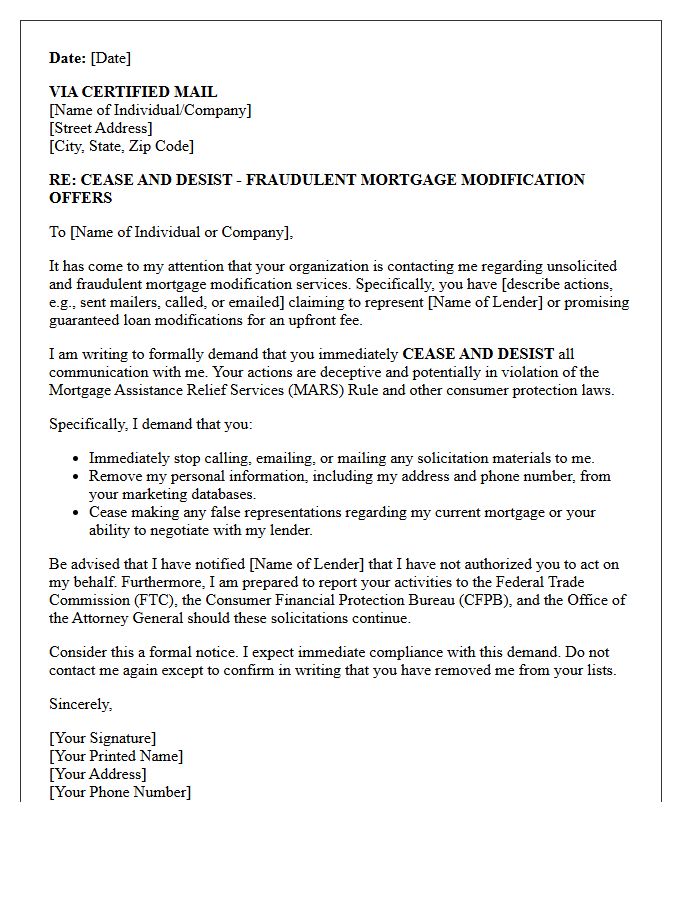 Cease and Desist Letter for Fraudulent Mortgage Modification Offers
