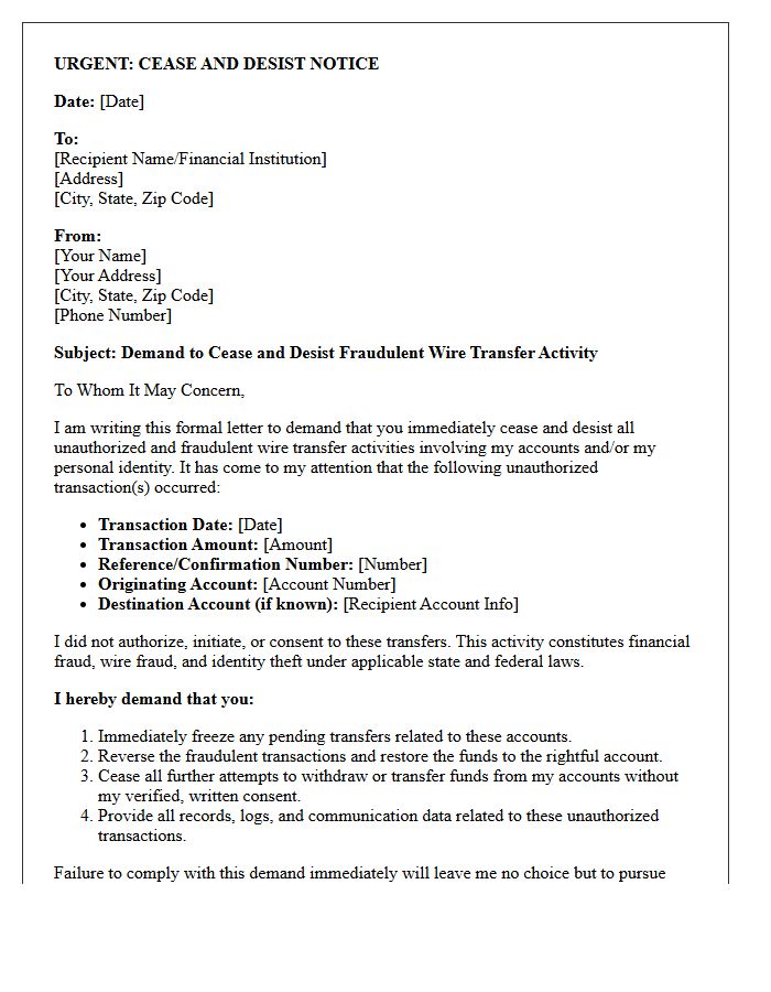 Cease and Desist Letter for Fraudulent Wire Transfers