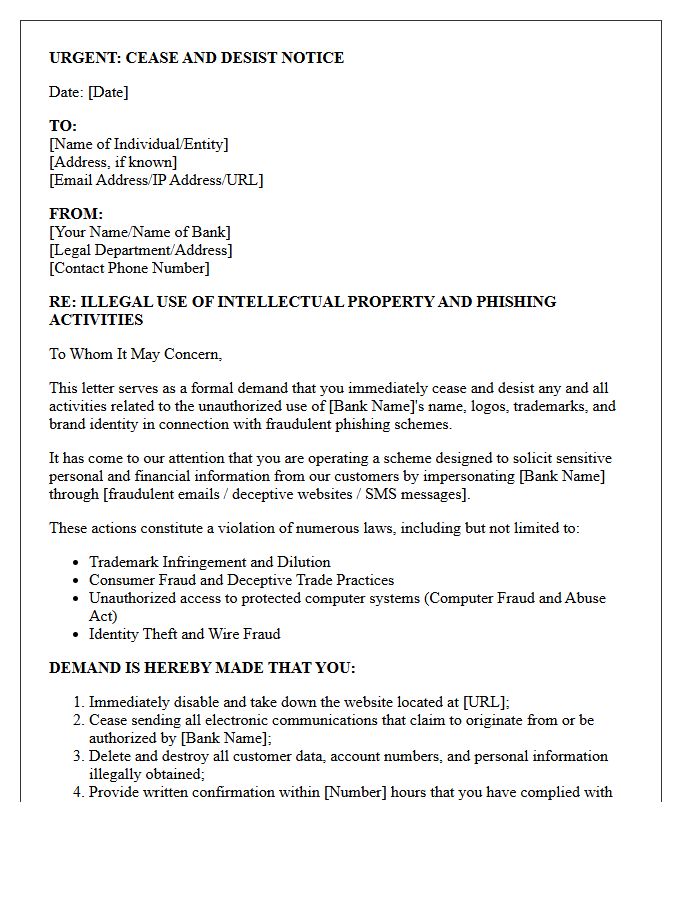 Cease and Desist Letter for Phishing Scams Targeting Bank Customers