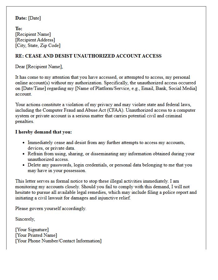 Cease and Desist Letter for Unauthorized Account Access