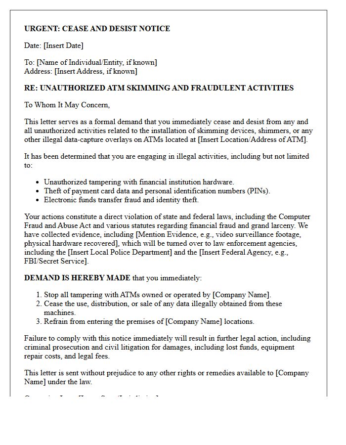 Cease and Desist Letter for Unauthorized ATM Skimming Operations
