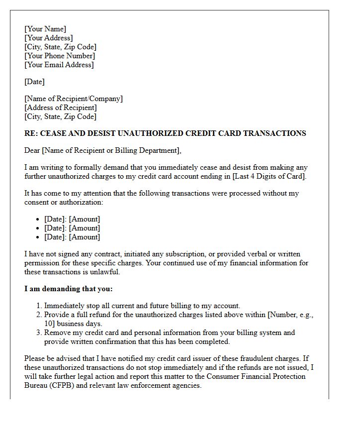 Cease and Desist Letter for Unauthorized Credit Card Transactions