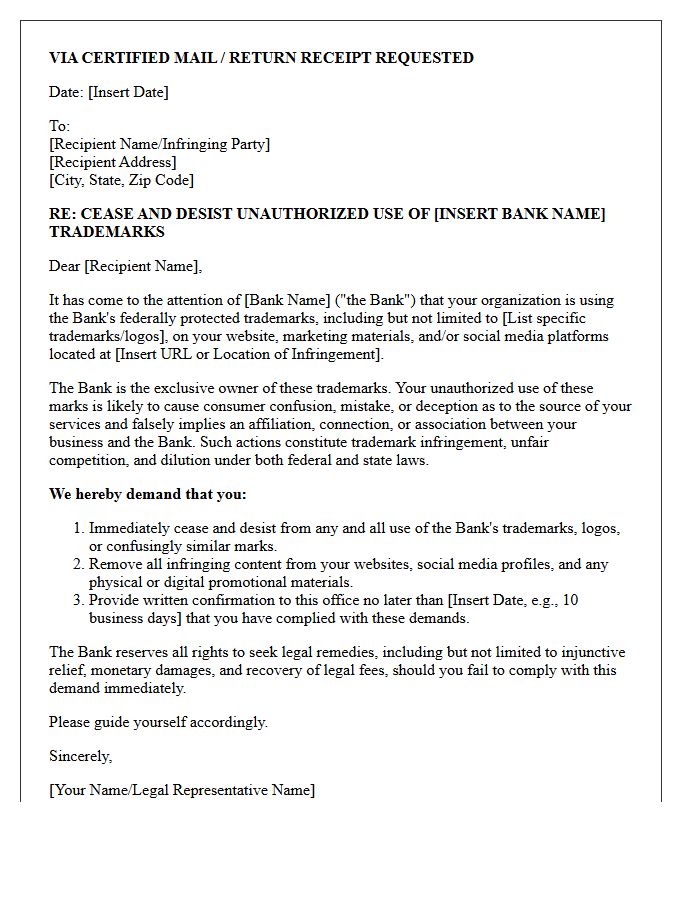 Cease and Desist Letter for Unauthorized Use of Bank Trademarks