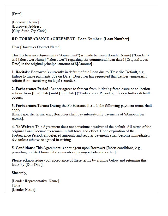 Commercial Loan Forbearance Agreement Letter