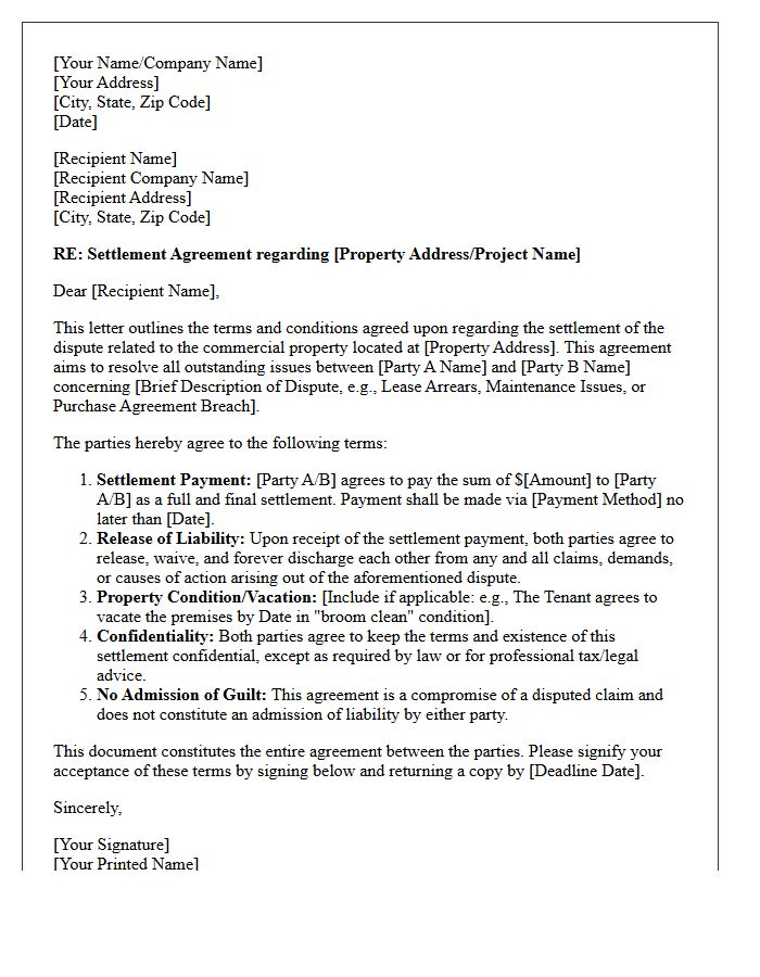 Commercial Real Estate Settlement Agreement Letter