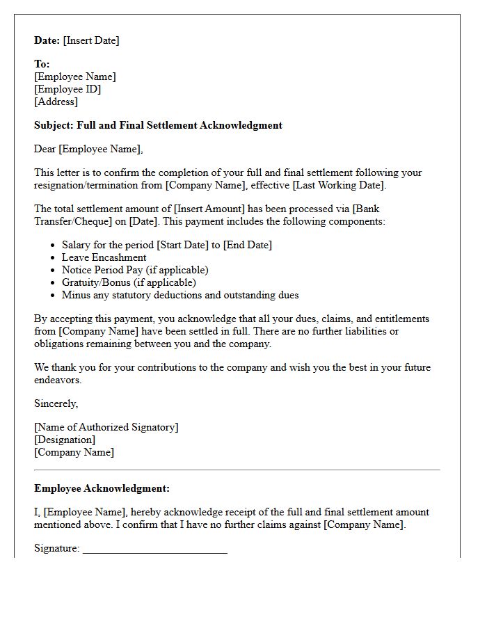 Full and Final Settlement Acknowledgment Letter