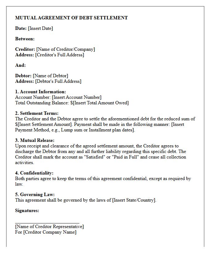 Mutual Agreement of Debt Settlement Letter