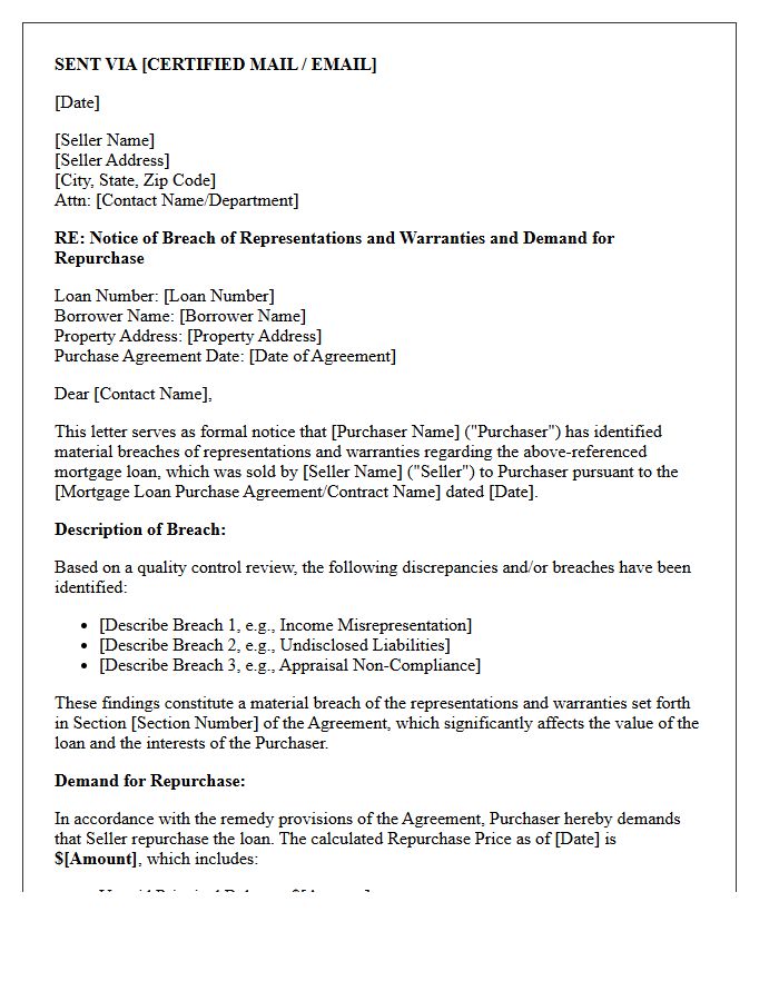 Breach of Representations and Warranties Mortgage Loan Repurchase Demand Letter