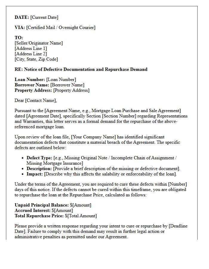 Defective Documentation Mortgage Loan Repurchase Demand Letter
