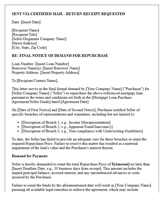 Final Notice of Demand for Repurchase of Mortgage Loan Letter
