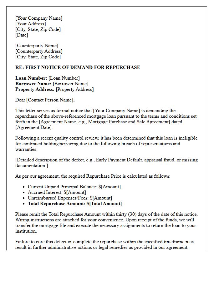 First Notice of Demand for Repurchase of Mortgage Loan Letter