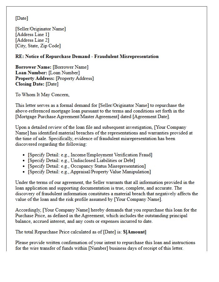 Fraudulent Misrepresentation Mortgage Loan Repurchase Demand Letter